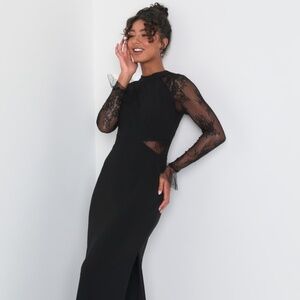 Lulus Bragging Rights Black Lace Long Sleeve Column Maxi Dress - Size M